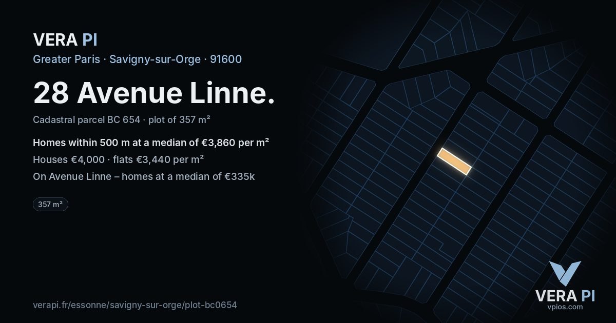 28 Avenue Linne, Savigny-sur-Orge at night – the plot lit, the parcels around coloured by the prices near them