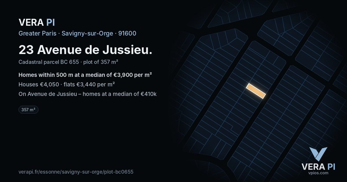 23 Avenue de Jussieu, Savigny-sur-Orge at night – the plot lit, the parcels around coloured by the prices near them