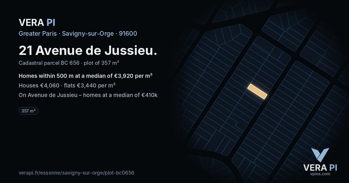21 Avenue de Jussieu, Savigny-sur-Orge at night – the plot lit, the parcels around coloured by the prices near them