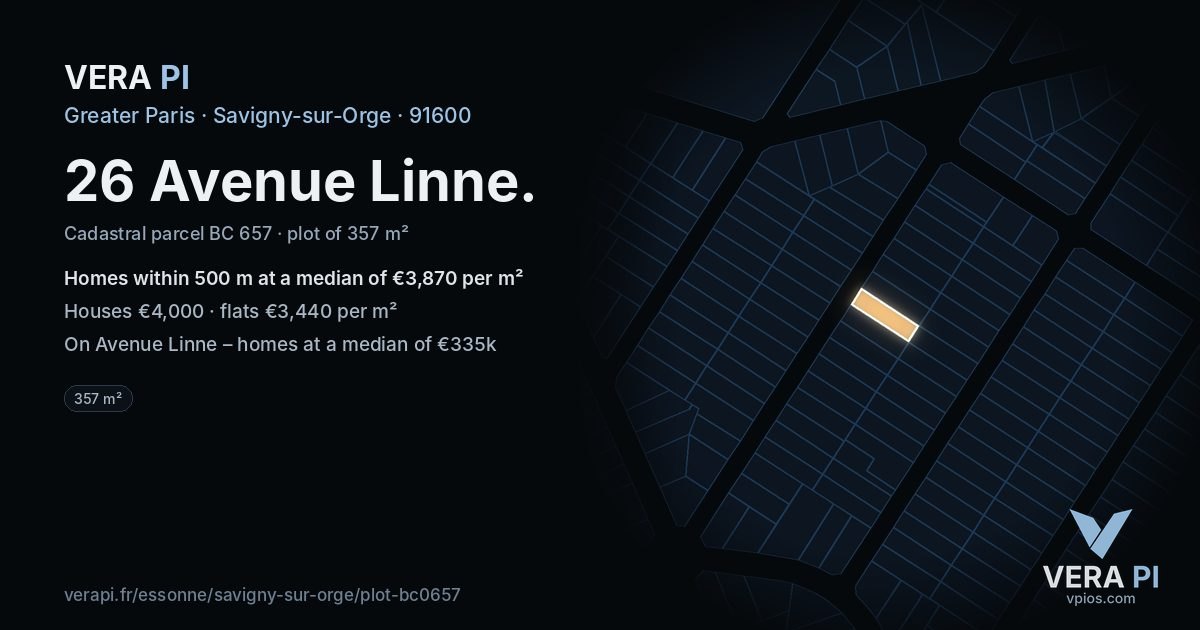 26 Avenue Linne, Savigny-sur-Orge at night – the plot lit, the parcels around coloured by the prices near them