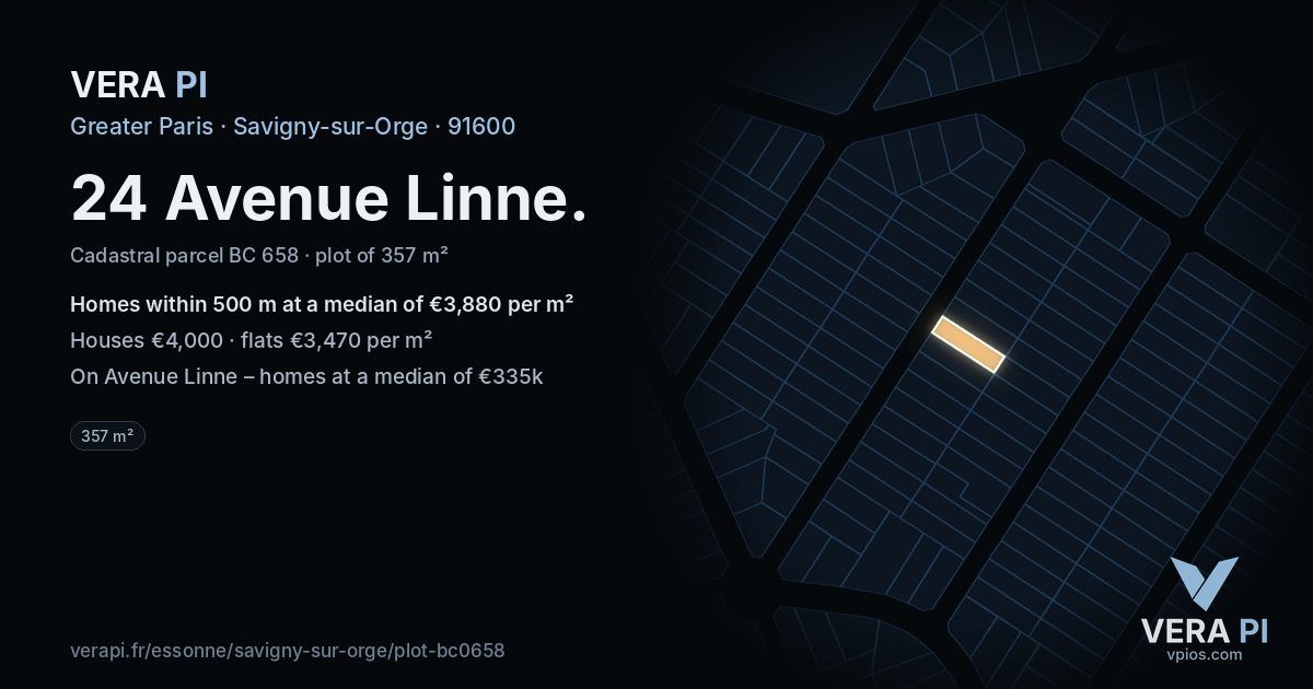 24 Avenue Linne, Savigny-sur-Orge at night – the plot lit, the parcels around coloured by the prices near them