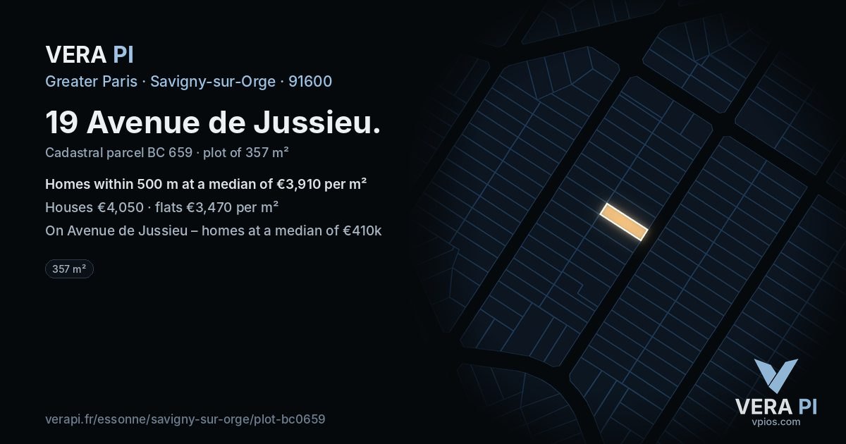 19 Avenue de Jussieu, Savigny-sur-Orge at night – the plot lit, the parcels around coloured by the prices near them