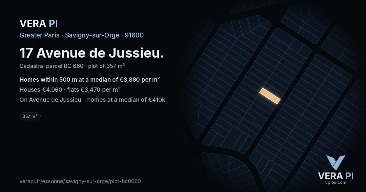 17 Avenue de Jussieu, Savigny-sur-Orge at night – the plot lit, the parcels around coloured by the prices near them