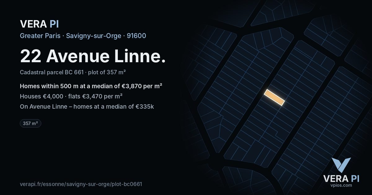 22 Avenue Linne, Savigny-sur-Orge at night – the plot lit, the parcels around coloured by the prices near them