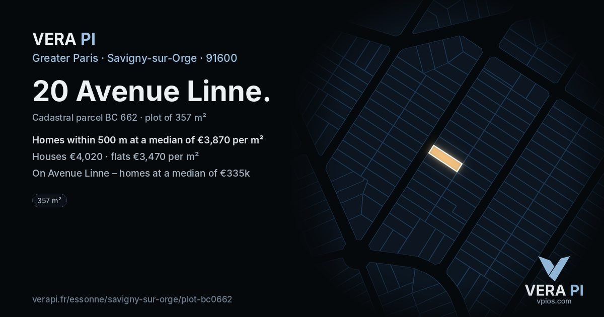 20 Avenue Linne, Savigny-sur-Orge at night – the plot lit, the parcels around coloured by the prices near them