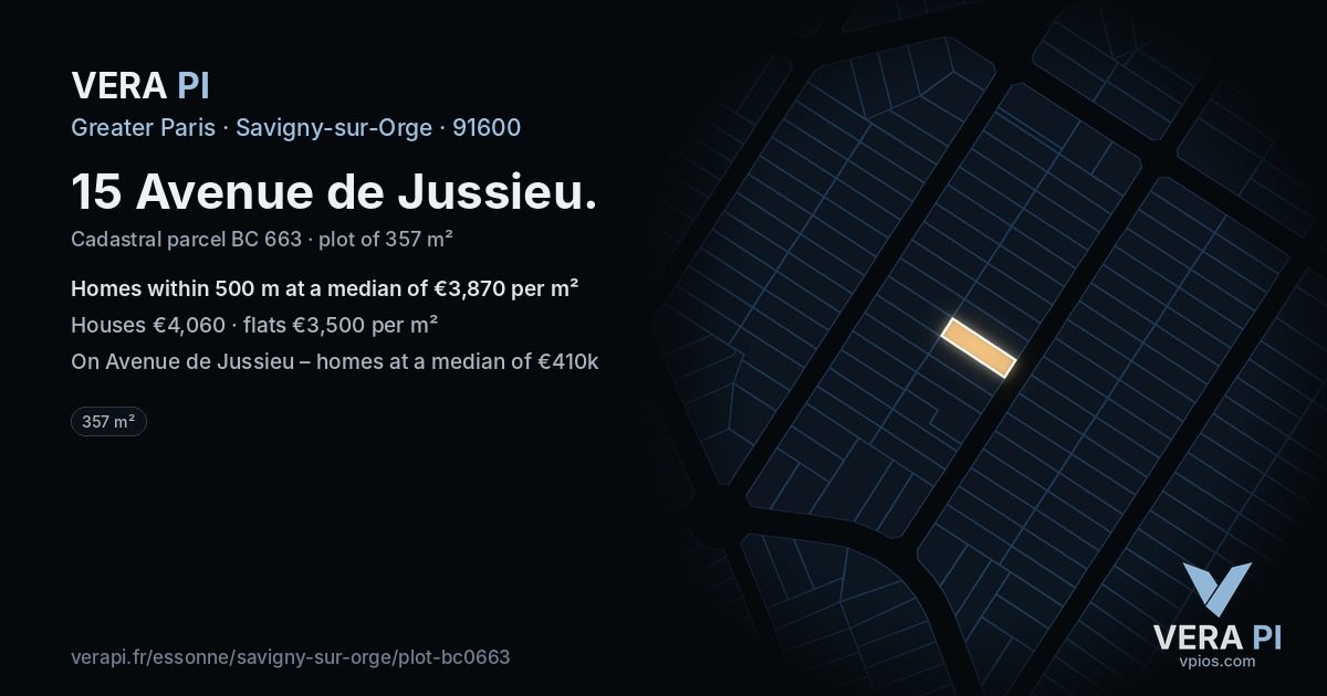 15 Avenue de Jussieu, Savigny-sur-Orge at night – the plot lit, the parcels around coloured by the prices near them
