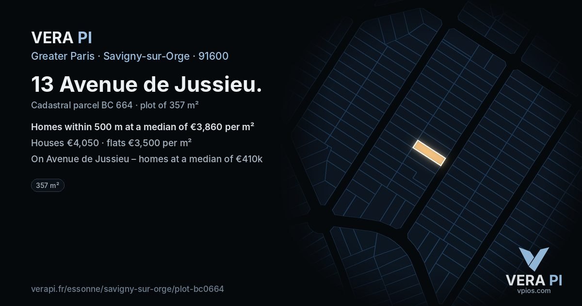 13 Avenue de Jussieu, Savigny-sur-Orge at night – the plot lit, the parcels around coloured by the prices near them