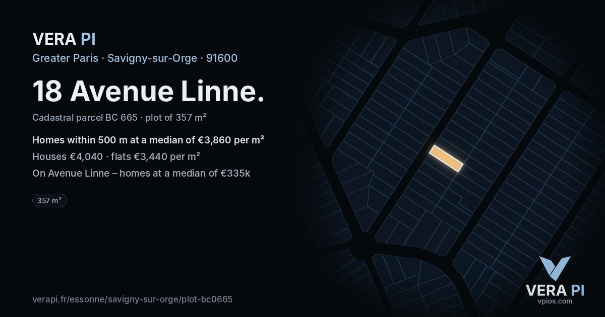 18 Avenue Linne, Savigny-sur-Orge at night – the plot lit, the parcels around coloured by the prices near them
