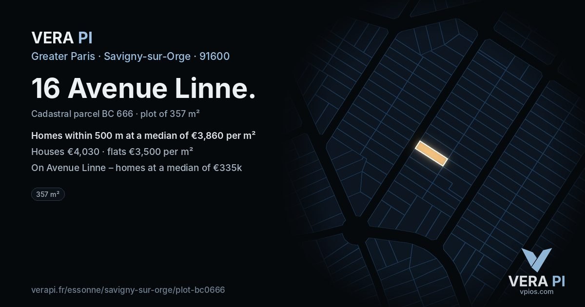 16 Avenue Linne, Savigny-sur-Orge at night – the plot lit, the parcels around coloured by the prices near them