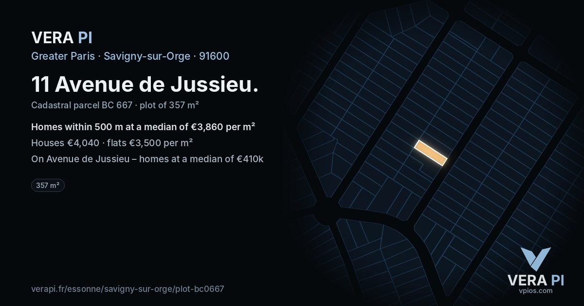 11 Avenue de Jussieu, Savigny-sur-Orge at night – the plot lit, the parcels around coloured by the prices near them