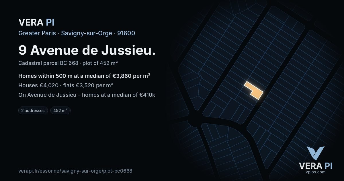9 Avenue de Jussieu, Savigny-sur-Orge at night – the plot lit, the parcels around coloured by the prices near them