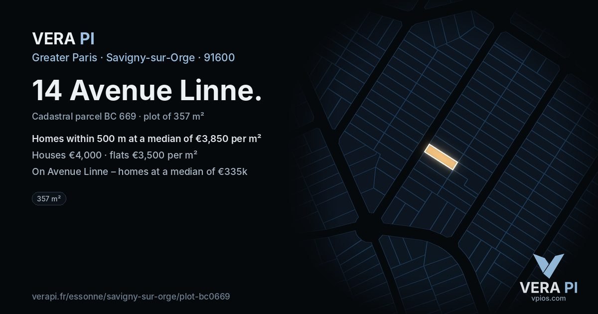 14 Avenue Linne, Savigny-sur-Orge at night – the plot lit, the parcels around coloured by the prices near them