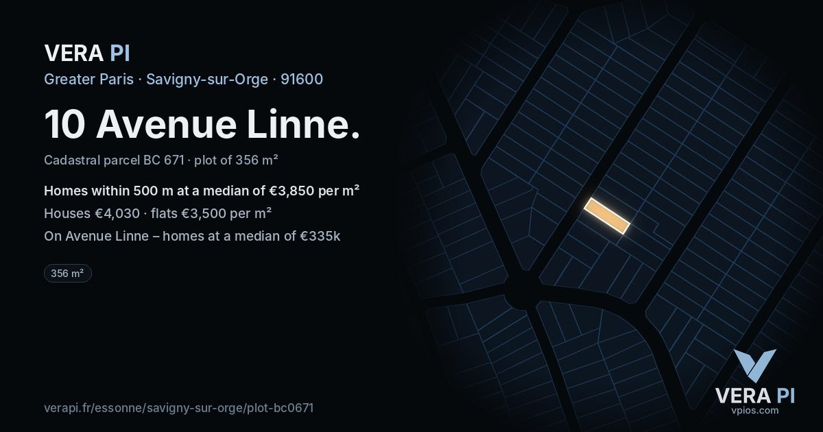 10 Avenue Linne, Savigny-sur-Orge at night – the plot lit, the parcels around coloured by the prices near them