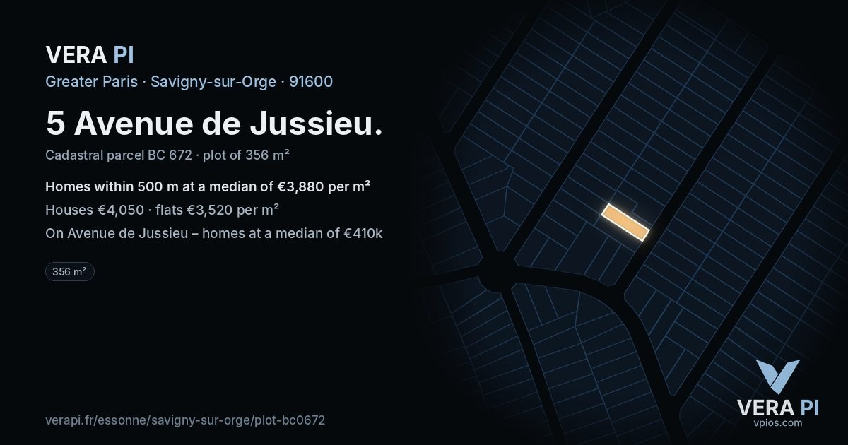5 Avenue de Jussieu, Savigny-sur-Orge at night – the plot lit, the parcels around coloured by the prices near them