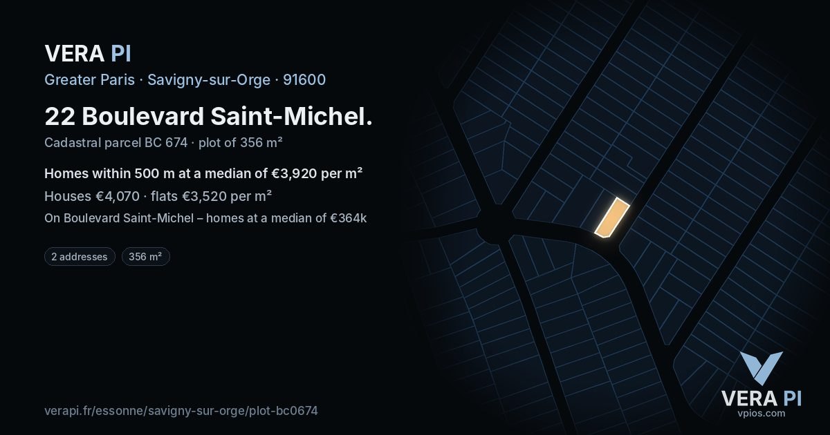 22 Boulevard Saint-Michel, Savigny-sur-Orge at night – the plot lit, the parcels around coloured by the prices near them
