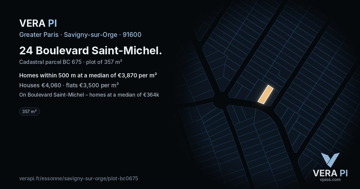 24 Boulevard Saint-Michel, Savigny-sur-Orge at night – the plot lit, the parcels around coloured by the prices near them