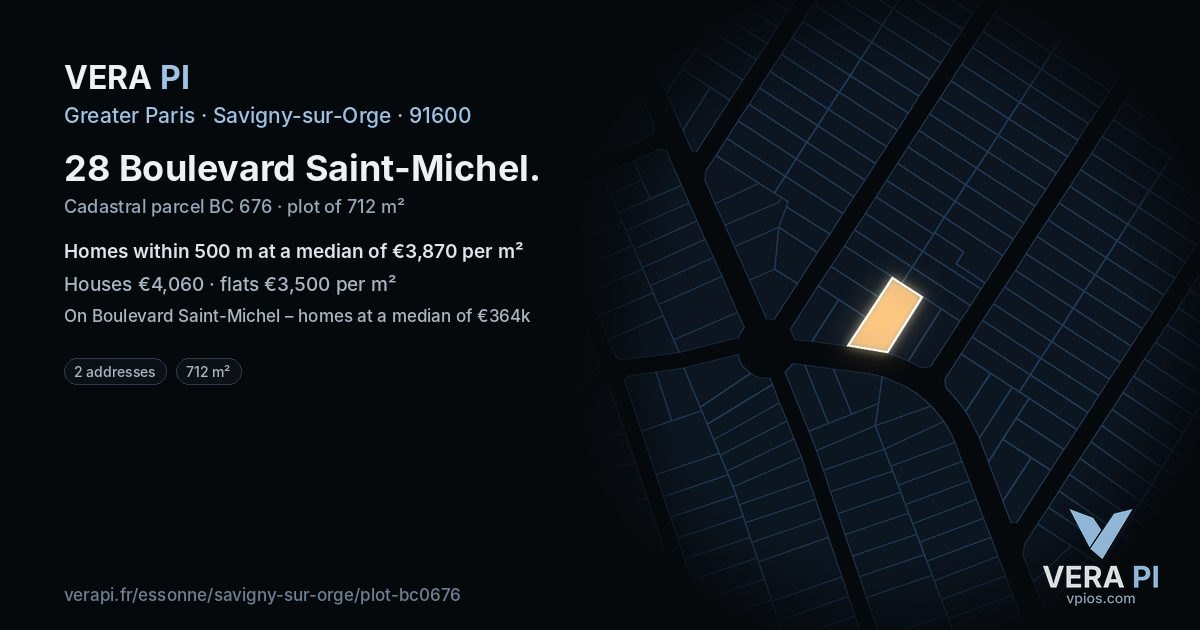 28 Boulevard Saint-Michel, Savigny-sur-Orge at night – the plot lit, the parcels around coloured by the prices near them