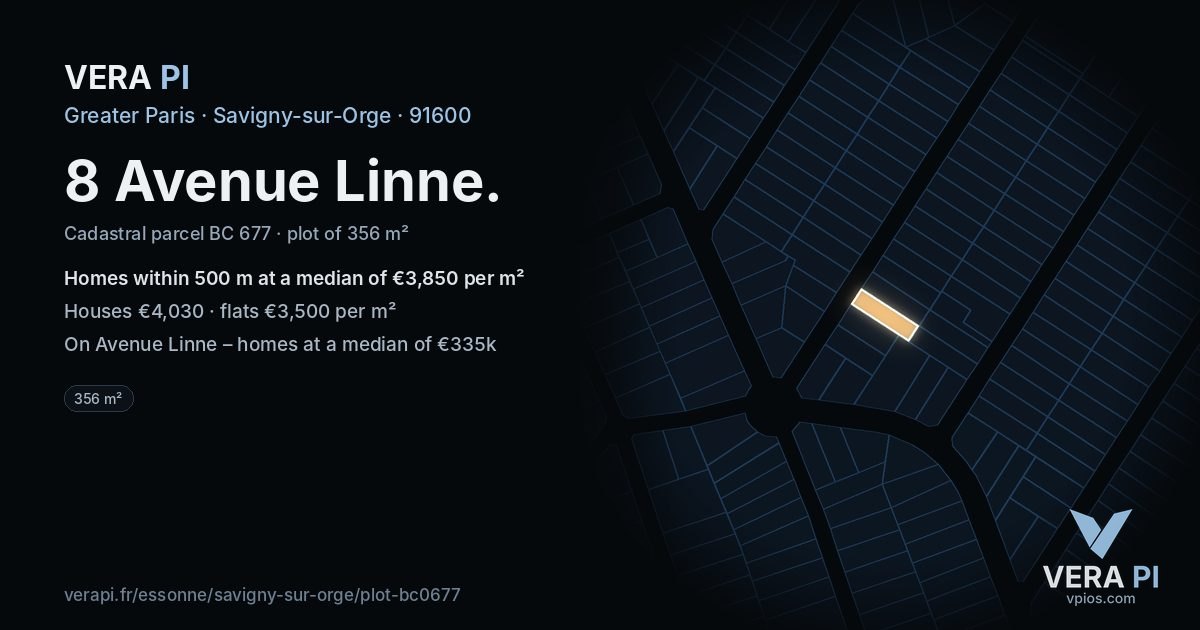 8 Avenue Linne, Savigny-sur-Orge at night – the plot lit, the parcels around coloured by the prices near them