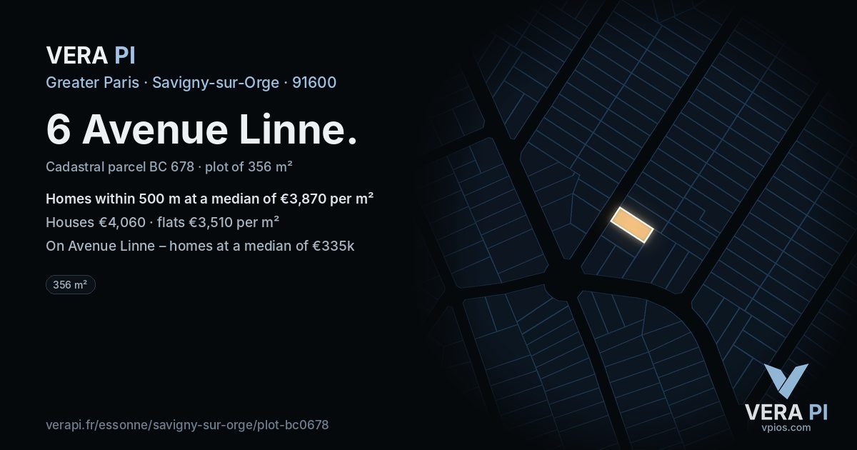 6 Avenue Linne, Savigny-sur-Orge at night – the plot lit, the parcels around coloured by the prices near them