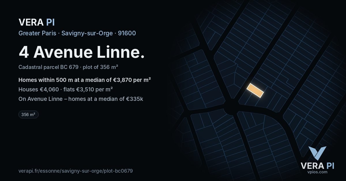4 Avenue Linne, Savigny-sur-Orge at night – the plot lit, the parcels around coloured by the prices near them