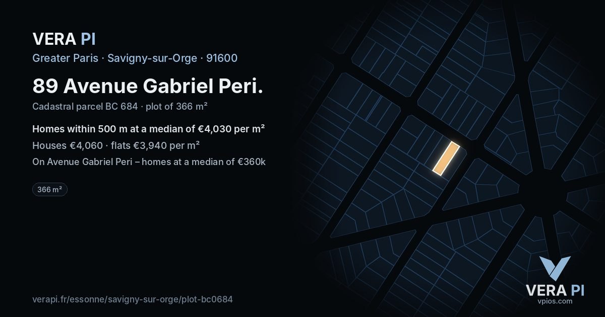 89 Avenue Gabriel Peri, Savigny-sur-Orge at night – the plot lit, the parcels around coloured by the prices near them