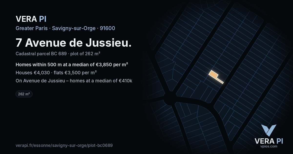 7 Avenue de Jussieu, Savigny-sur-Orge at night – the plot lit, the parcels around coloured by the prices near them