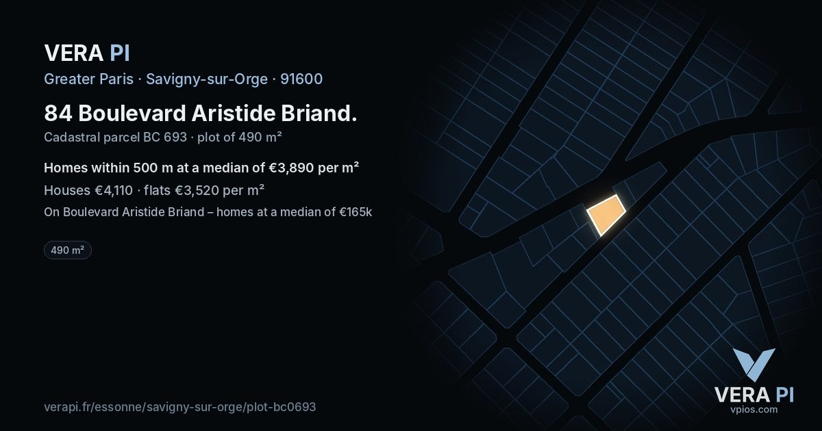 84 Boulevard Aristide Briand, Savigny-sur-Orge at night – the plot lit, the parcels around coloured by the prices near them