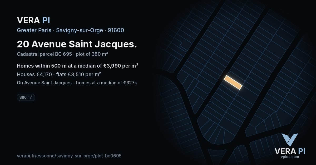 20 Avenue Saint Jacques, Savigny-sur-Orge at night – the plot lit, the parcels around coloured by the prices near them