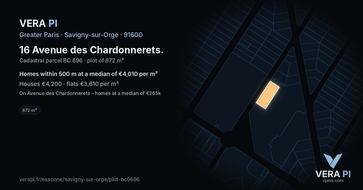16 Avenue des Chardonnerets, Savigny-sur-Orge at night – the plot lit, the parcels around coloured by the prices near them