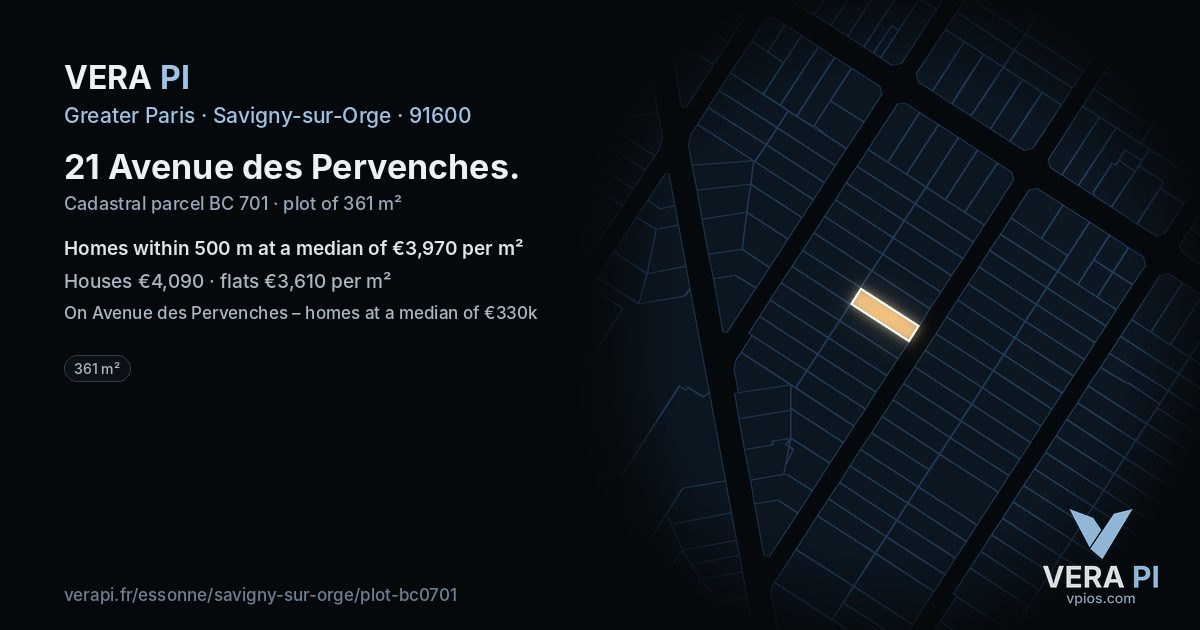 21 Avenue des Pervenches, Savigny-sur-Orge at night – the plot lit, the parcels around coloured by the prices near them