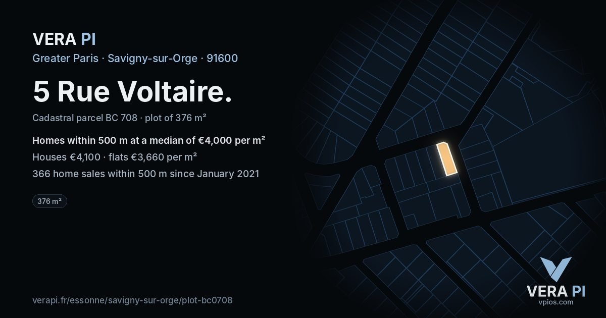 5 Rue Voltaire, Savigny-sur-Orge at night – the plot lit, the parcels around coloured by the prices near them