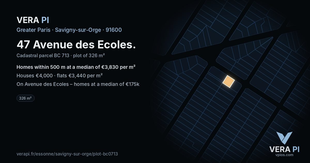47 Avenue des Ecoles, Savigny-sur-Orge at night – the plot lit, the parcels around coloured by the prices near them