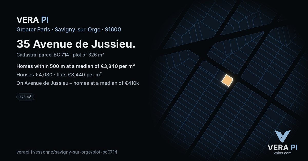 35 Avenue de Jussieu, Savigny-sur-Orge at night – the plot lit, the parcels around coloured by the prices near them