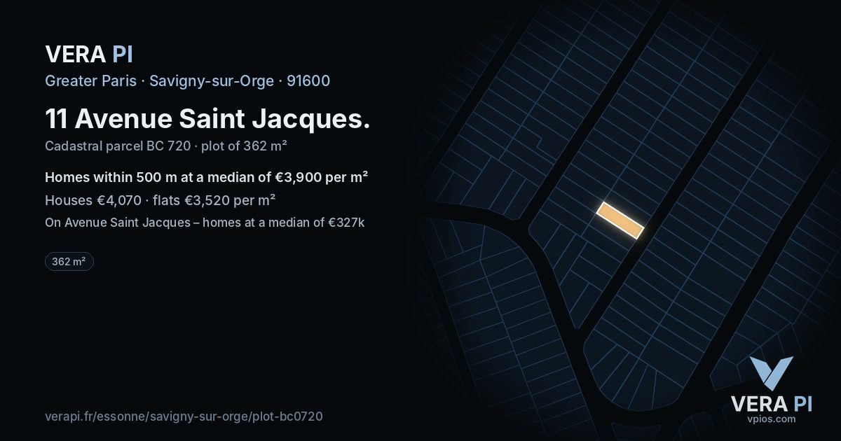 11 Avenue Saint Jacques, Savigny-sur-Orge at night – the plot lit, the parcels around coloured by the prices near them