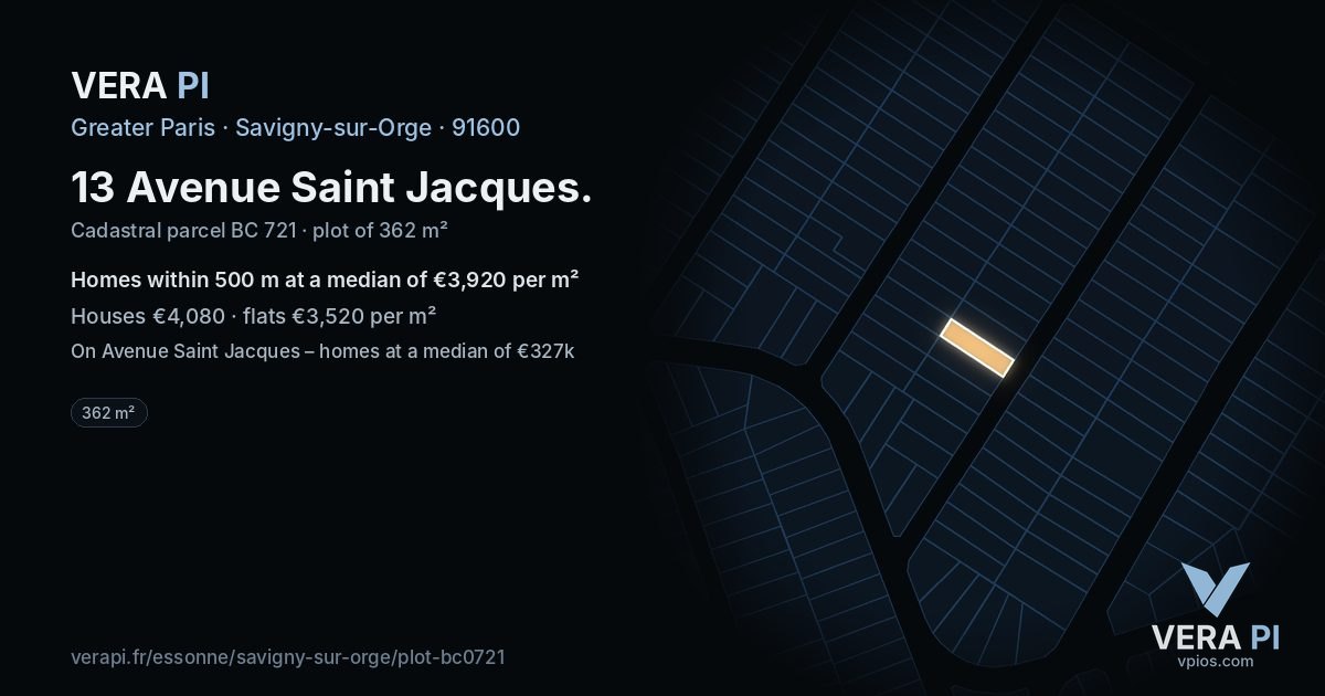 13 Avenue Saint Jacques, Savigny-sur-Orge at night – the plot lit, the parcels around coloured by the prices near them