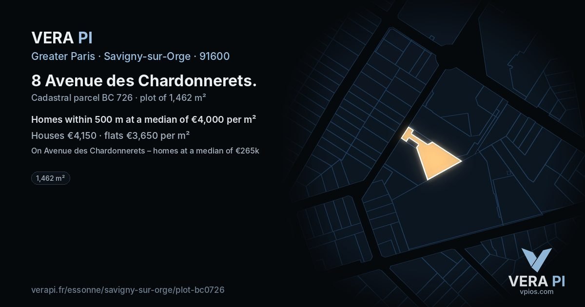 8 Avenue des Chardonnerets, Savigny-sur-Orge at night – the plot lit, the parcels around coloured by the prices near them