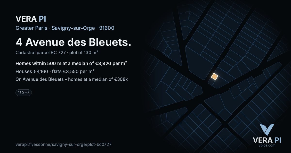 4 Avenue des Bleuets, Savigny-sur-Orge at night – the plot lit, the parcels around coloured by the prices near them
