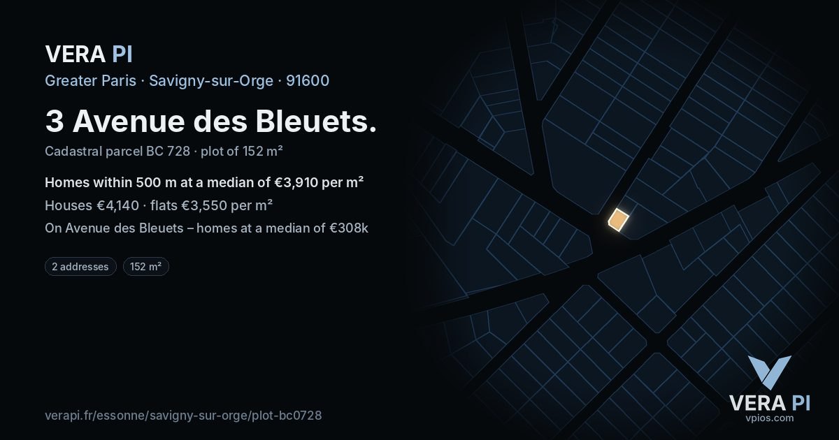 3 Avenue des Bleuets, Savigny-sur-Orge at night – the plot lit, the parcels around coloured by the prices near them