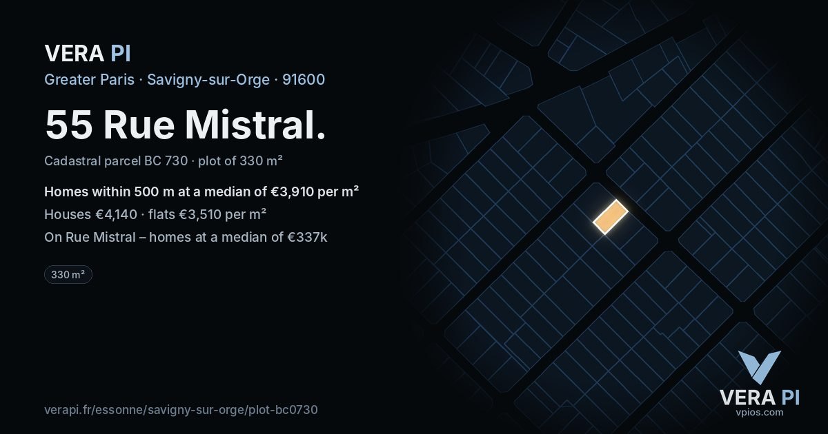 55 Rue Mistral, Savigny-sur-Orge at night – the plot lit, the parcels around coloured by the prices near them