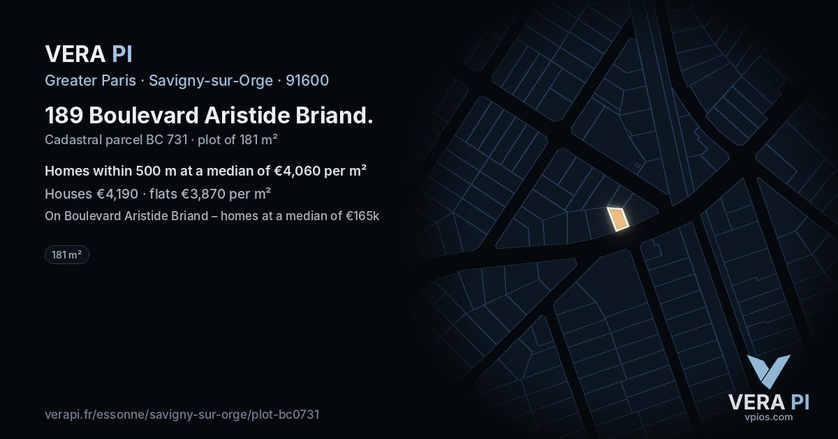 189 Boulevard Aristide Briand, Savigny-sur-Orge at night – the plot lit, the parcels around coloured by the prices near them