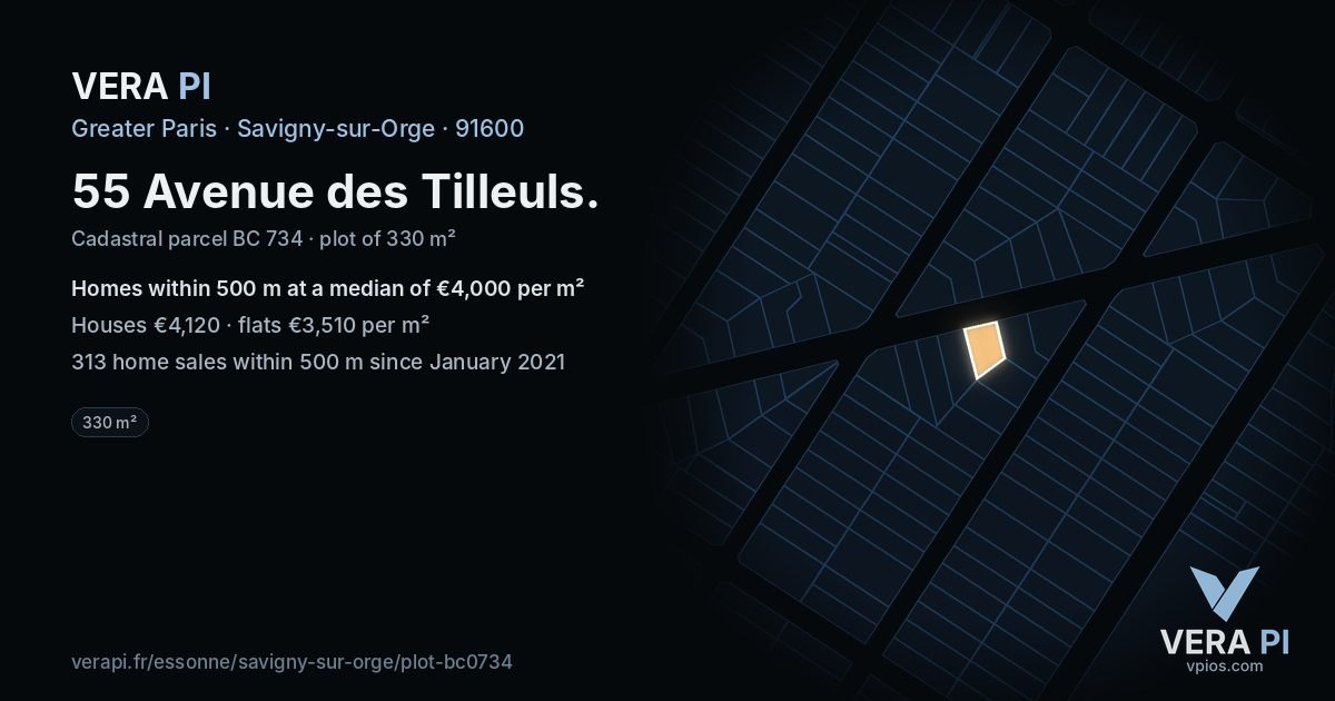 55 Avenue des Tilleuls, Savigny-sur-Orge at night – the plot lit, the parcels around coloured by the prices near them