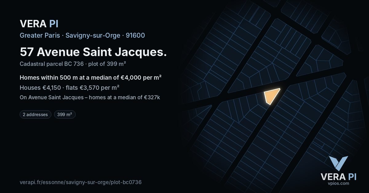 57 Avenue Saint Jacques, Savigny-sur-Orge at night – the plot lit, the parcels around coloured by the prices near them