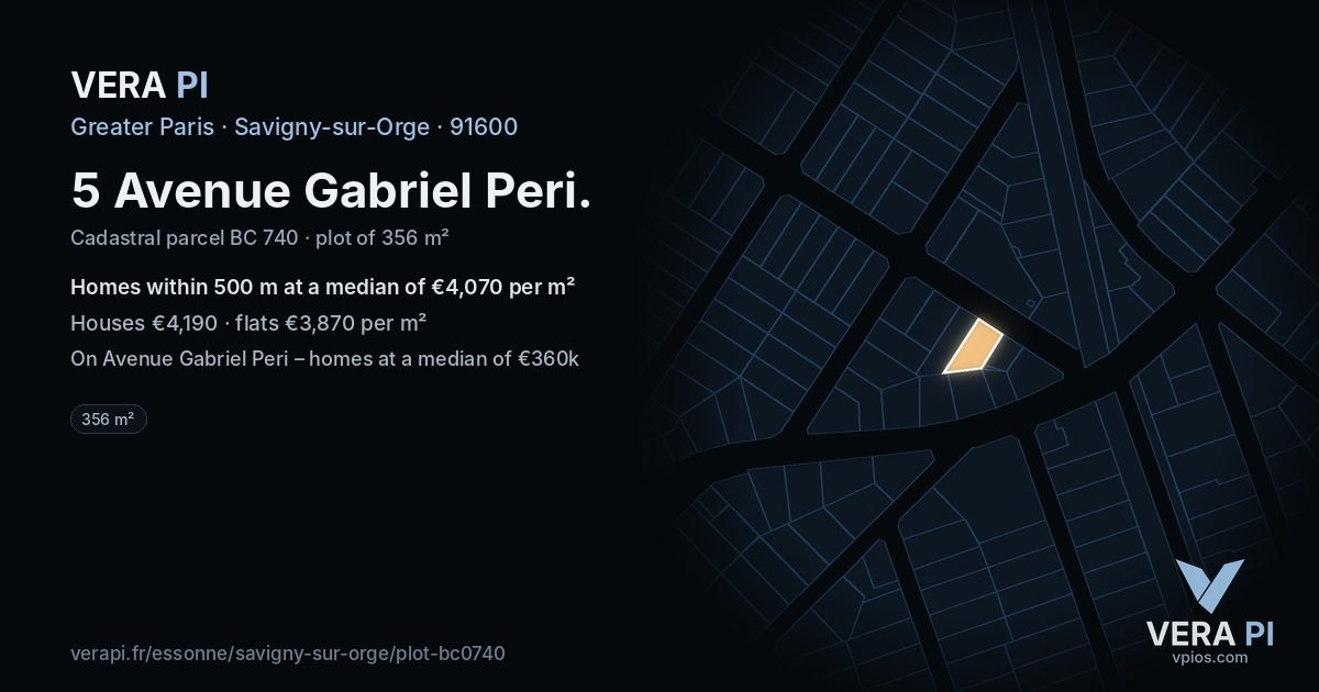 5 Avenue Gabriel Peri, Savigny-sur-Orge at night – the plot lit, the parcels around coloured by the prices near them