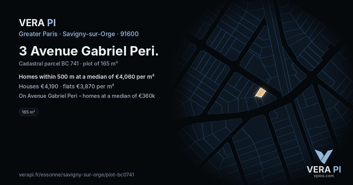 3 Avenue Gabriel Peri, Savigny-sur-Orge at night – the plot lit, the parcels around coloured by the prices near them
