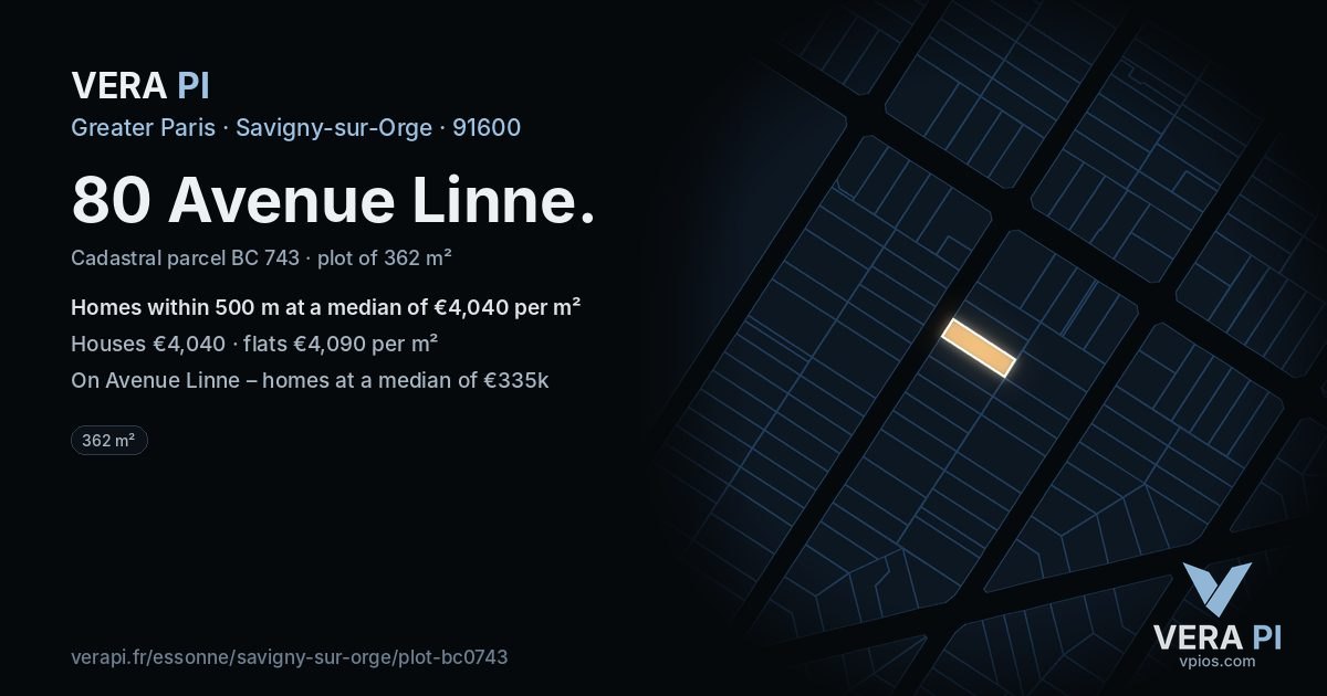 80 Avenue Linne, Savigny-sur-Orge at night – the plot lit, the parcels around coloured by the prices near them