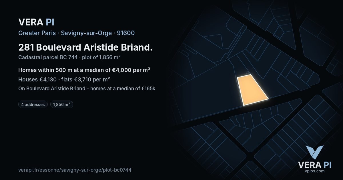 281 Boulevard Aristide Briand, Savigny-sur-Orge at night – the plot lit, the parcels around coloured by the prices near them