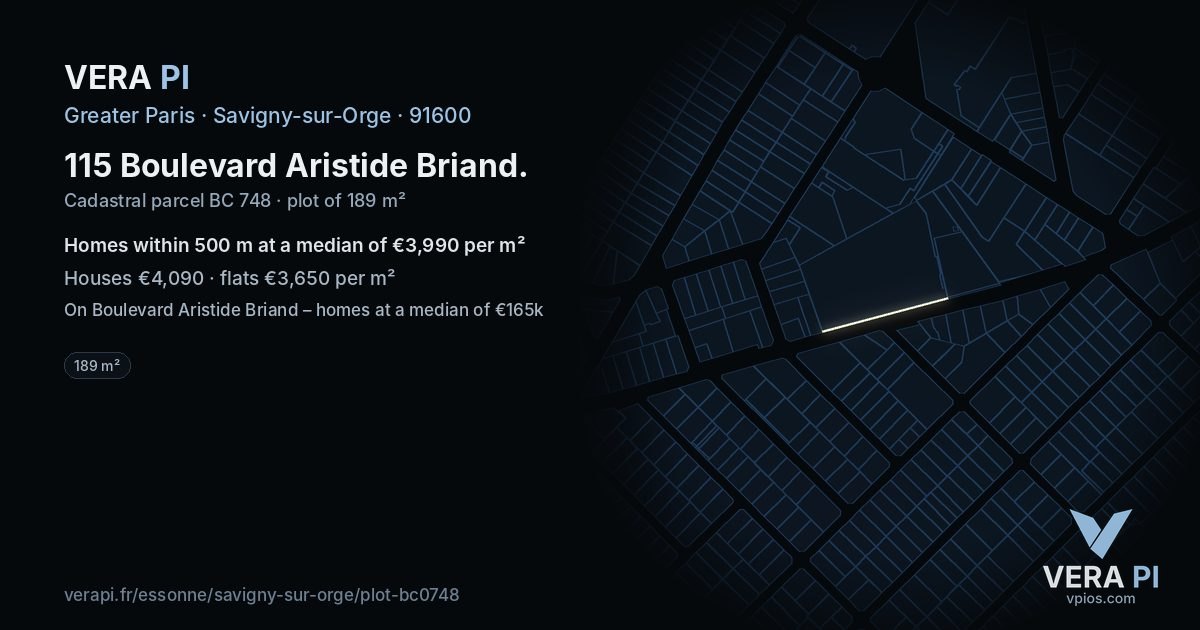 115 Boulevard Aristide Briand, Savigny-sur-Orge at night – the plot lit, the parcels around coloured by the prices near them