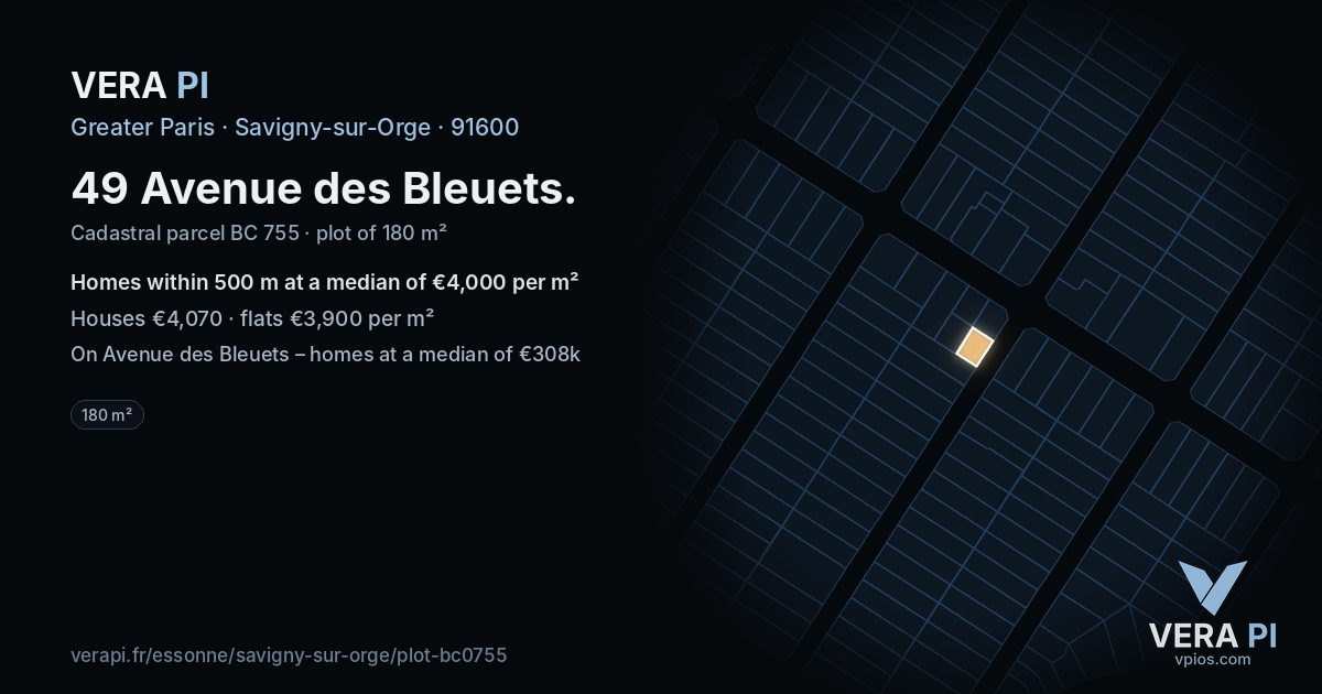 49 Avenue des Bleuets, Savigny-sur-Orge at night – the plot lit, the parcels around coloured by the prices near them