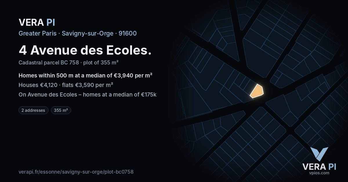 4 Avenue des Ecoles, Savigny-sur-Orge at night – the plot lit, the parcels around coloured by the prices near them