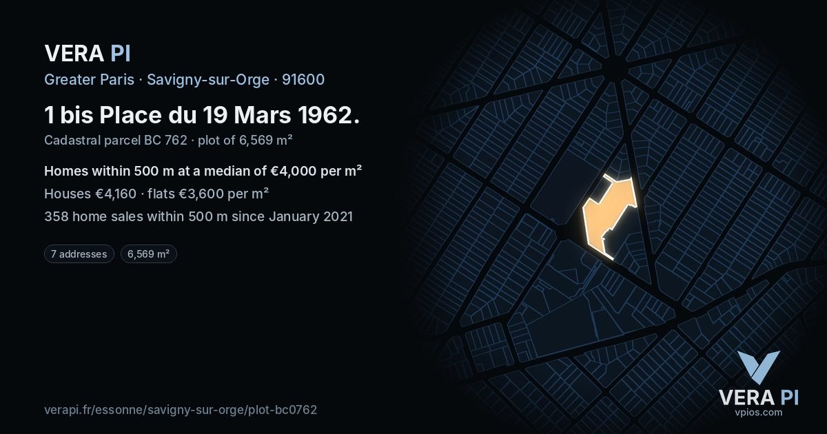 1 bis Place du 19 Mars 1962, Savigny-sur-Orge at night – the plot lit, the parcels around coloured by the prices near them